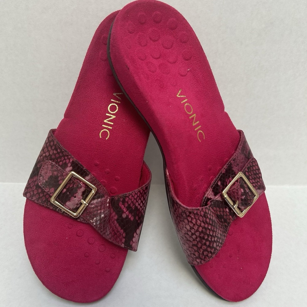 Vionic New Sandals Orthotic Slides‎ Berry Pink Snakeskin Size 8
